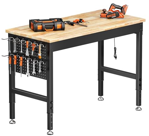 Banco de Trabajo Robusto 121 x 60 cm, Mesa de Trabajo Regulable | 6 Alturas, Tablero de Madera de Caucho, Carga hasta 907 kg, Con Regleta, Panel Perforado y Ganchos