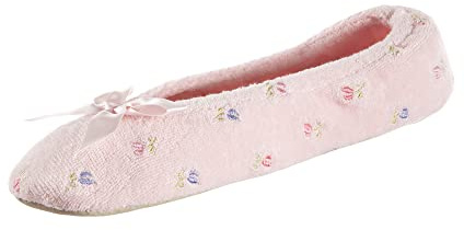 isotoner Women's Embroidered Plush Terry Ballerina Slippers , Pink Soft Tie Bow, 6.5-7.5