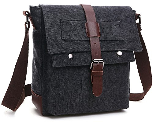LOSMILE Herren Umhängetasche Schultertasche Kuriertasche Canvas Laptop Tasche Messenger Bag für Arbeit und Schule. (M, Shwarz)