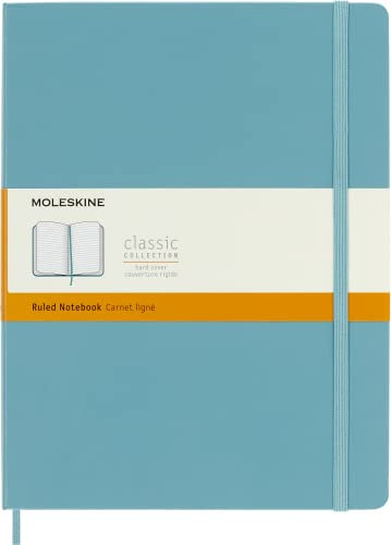 Moleskine Classic Notebook, Taccuino a Righe, Copertina Rigida e Chiusura ad Elastico, Formato XL 19 x 25 cm, Colore Azzurro Blu Reef, 192 Pagine