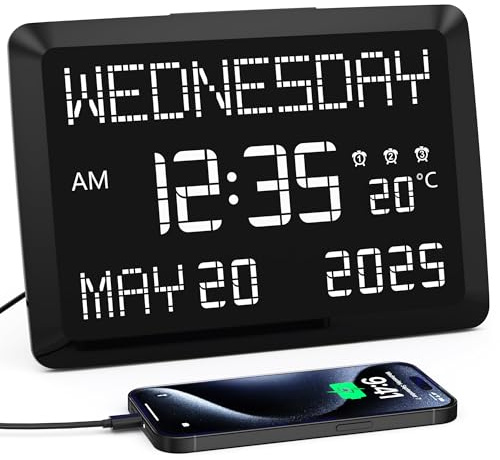 11.5” Extra Large Digital Wall Clock with Date and Day of Week , Electric Desk Clock for Seniors, Large Display Alarm Clock for Bedroom with Battery Backup, 5 Dimmer, 2 USB Ports, Indoor Temp, 12/24H