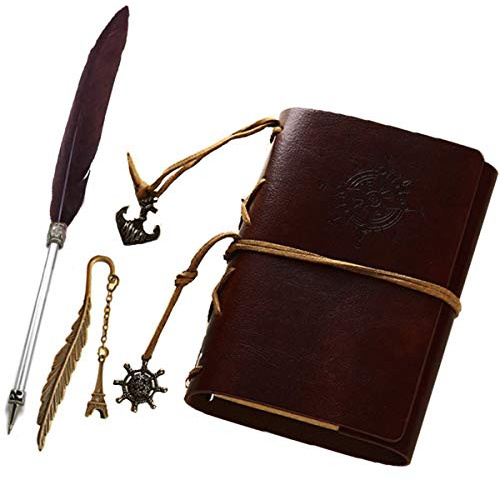 Klassisk PU läder dagbok anteckningsbok med fjäder kulspetspenna och bokmärke, påfyllningsbar vintage resenärer skrivande journal anteckningsbok bindemedel anteckningsblock steampunk konst skissbok scrapbook gåva En storlek Mörkbrunt