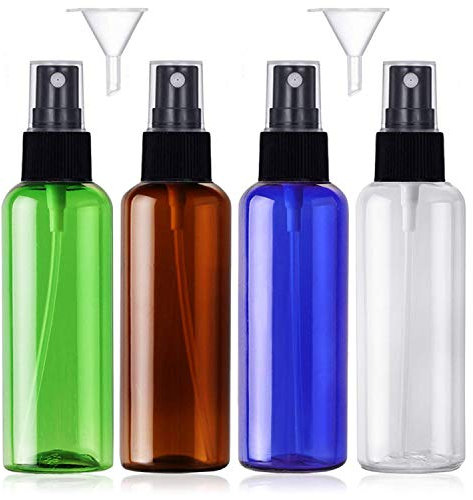 JamHooDirect Lot de 4 vaporisateurs vides en plastique de 100 ml avec 2 entonnoirs, rechargeables, format voyage, produits de toilette, conteneurs liquides pour maquillage cosmétique (4 couleurs)