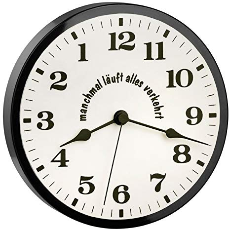 Selva Wanduhr Linksläuferuhr – Rückwärtsläuferuhr – Ostfriesenuhr – Party-/JUXUHR – Lustiger Aufdruck: „Manchmal läuft Alles verkehrt“ – Material: Kunststoff – Quarzwerk – Maße: Ø 21 cm – 345435