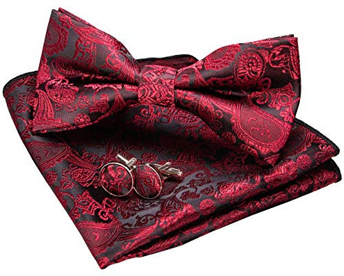JEMYGINS Dunkelrot Paisley Fliege und Einstecktuch mit Manschettenknöpfe Sets für Herren (Dunkelrot2)