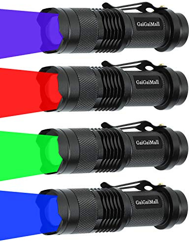 4 Colors Flashlights Including Red Green Blue Black Light Flashlight, 3 Mode Zoomable Led Hunting Torch, 4 Pack