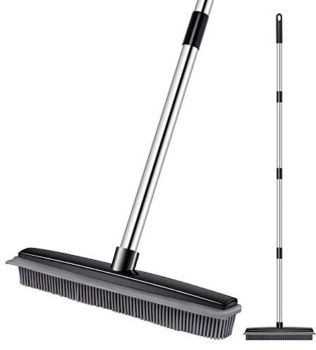 JUOIFIP Rubber Broom Pet Hair Carpet Broom Multi-Surface Rubber Bristle Sweeper with Squeegee Edge Adjustable Steel Handle Indoor Push Broom for Garbage Dust Pet Human Hair(Black)
