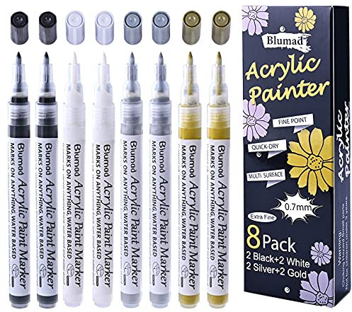Schwarz Weiß Gold Silber Acryl-Farbstifte, 0,7 mm Matallische Permanentmarker, wasserfest, Steinmalerei-Stifte für Steine, Kieselsteine, Keramik, Holz, Metall, Papier, Glas, Leder, DIY, 8 Stück
