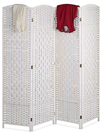 Relaxdays Paravent Raumteiler, HxB: 170 x 160 cm, Faltbarer Raumtrenner, 4-teiliger Sichtschutz, Holz & Papierseil, weiß