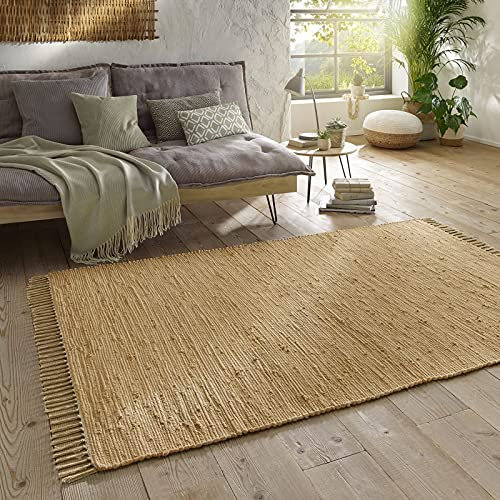 Taracarpet Handwebteppich Läufer Fleckerl Teppich Uni waschbar aus Baumwolle für Wohnzimmer und Küchenteppich 070x140 cm beige