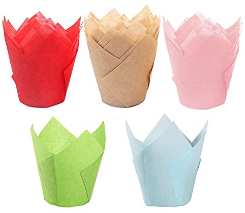 200 Stücke Tulpen Backförmchen, Backbecher Papier Cupcake, Tulpe Cupcake Liner, Geeignet für DIY Kuchenliebhaber, Zum Backen von Kuchen zu Hause(5 Stile)