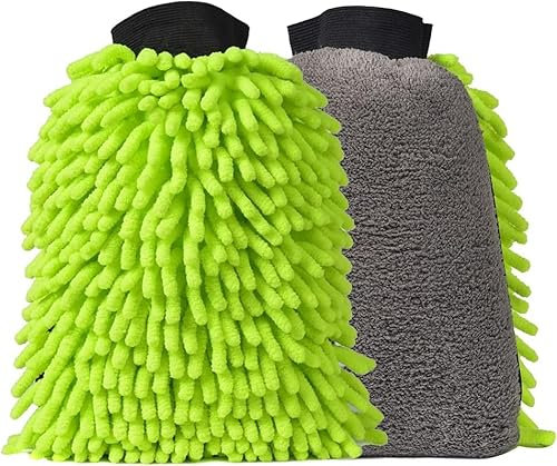 DU Life Car Wash Mitt, 2PCS Microfibre Noodle Car Cleaning Mitts, Streak-Free Scratch-Free Super Absorbent Soft 3in1 Washing Glove with Fleece Polishing Side & Mesh Surface for Lifting Stubborn Dirty