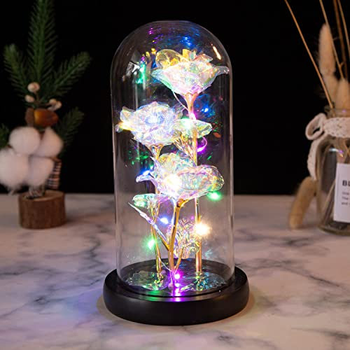 MCDSAJ LED Light Golden Flower Purple Colorful Gold Foil, Light Up Rose Flowers Gift,Rose Flower in Glass Dome, Christmas Rose Gift for her, Anniversary On Any Occasion, White, 11.5x9x21 cm