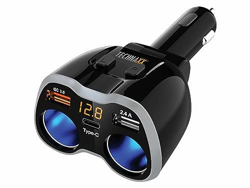 Technaxx zweifach 12V / 24V 120 W Verteiler mit Adapter für den Zigarettenanzünder im Auto mit 2xUSB, USB C, LED-Display - getrennte Nutzung beider Buchsen - schwenkbarer Adapter TX-163