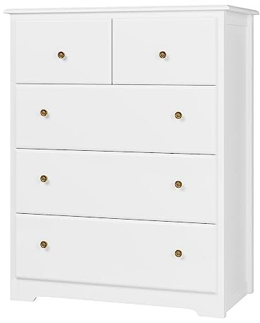 HOCSOK Cassettiera Camera Letto, Cassettiera 5 Cassetti in Legno, Comodino con Cassetti Moderno, adatto per Camera da Letto, Soggiorno, Studia e Ufficio, Bianco, 75x40x94cm