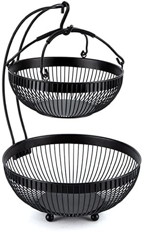 JUNYFFF Cesta De Frutas, Estante De Frutas Frutero De 2 Pisos, Frutero Multifuncional De Hierro, Cesta De Frutas Desmontable De 2 Niveles, para Almacenar Frutas Y Verduras (Negro)