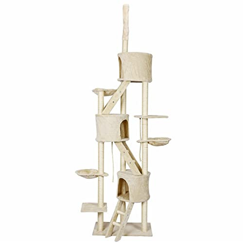 Wiltec Kratzbaum deckenhoch 233-270 cm in Beige, Katzenkratzbaum mit 3 Katzenhäusern und Leitern, Katzenmöbel mit Liegemulden, Katzenbaum mit Sisal