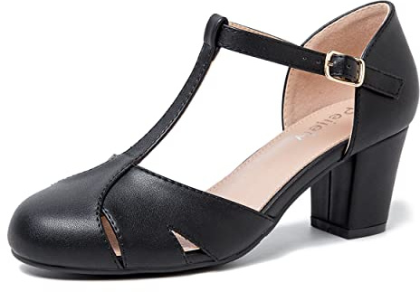 Women's T-Strap Block Heel Pumps, Ankle Buckle Closure, Classic Cut Out Round Toe Dress Shoes Matte Black 37 - US 6.5