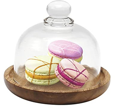 UOIENRT Expositor de cubierta para tartas de postre con base, soporte para tartas y postres de madera plana redonda de Acaciawood, soporte para tartas con cúpula de campana de vidrio