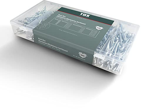Tox Assortimento di Rivetti Ciechi in Alluminio, Rivetti Ciechi con Testa Tonda Piatta in 6 Misure 2,4X6 Mm, 3,2X6 Mm, 4X6 Mm, 4X10 Mm, 4,8X6 Mm, 4,8X10 Mm, 400 Pezzi, 09490205