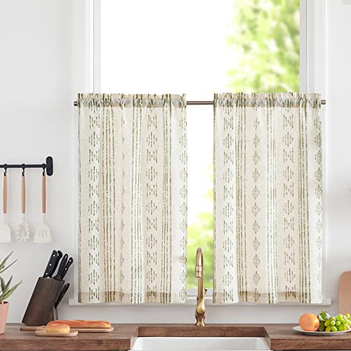 TOPICK Boho Gestreifte Küchen Scheibengardinen Leinen 60 cm Lang Bohemian Kurz Bistrogardine mit Streifen Lichtfilterung Küchengardinen für Esszimmer Badezimmer Klein Fenster Grün auf Beige 2er Set