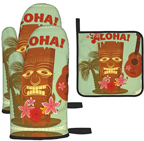 Vintage Hawaii Ofenhandschuhe und Topflappen-Sets: hitzebeständig, 3-teiliges Küchenset für Küche, Kochen, Backen, hitzebeständig