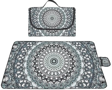 Picknickdecke 200x200cm,XXL Picknickdecke mit Wasserdichter Unterseite,Outdoor Stranddecke Sandfrei,mit Tragegriff Faltbare Picnic Blanket für Camping,Strand,Park,Familie,Konzerte Graues Mandala