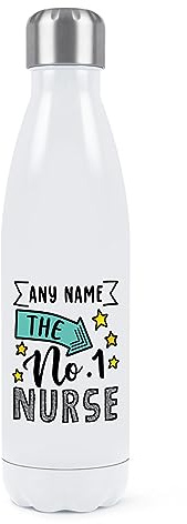 Personalised No.1 Nurse Name Double Wall Water Bottle Insulated Stainless Steel Sports Drinks 500ml White