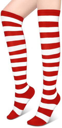 Blulu Überkniehohe Streifen Oberschenkel Socken für Damen Kostüm Halloween Party Zubehör Streifen Muster Strümpfe(Rot Weiß)