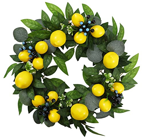 Mnaocz Künstlicher Zitronenkranz für die Haustür, Frühlings-Zitronen-Eukalyptus-Kranz, Künstlicher Sturz-Blumenkranz, Dekoration, Hängende Zitronen-Wanddekoration(#1)