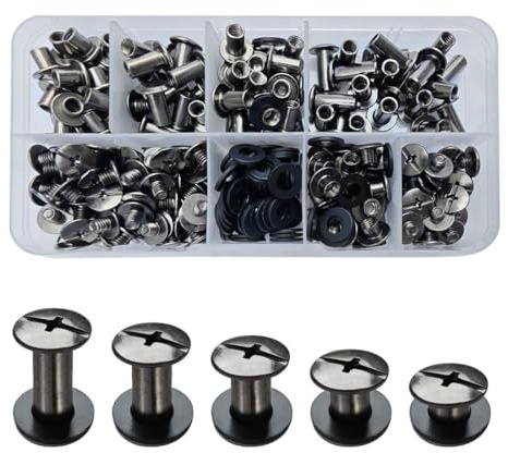SHSMPXOY 100 Juegos Remaches Tornillo de Encuadernacion,M5*4/6/8/10/12mm Tornillos de Chicago,Remaches de Tornillo Remaches Para Cuero Reparación Bolsos, Libros, Collares,Correas (Negro brillante)