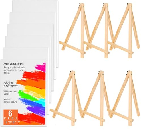 Canvas Boards with Easel for Painting 6 Pack 8 x 10 Inch Small Canvases Panels with Pine Easels for Adult, Painting Kit for Acrylic Oil Watercolor Crafts Sip and Paint Art Party