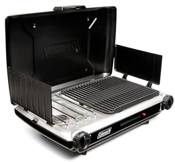 Coleman Tabletop 2-in-1 Grill & Stove with 2 Adjustable Burners, Propane Grill/Stove with Push-Button Starter, Wind Guards, Grease Tray, & 20,000 BTUs of Power for Camping, Tailgating, & More