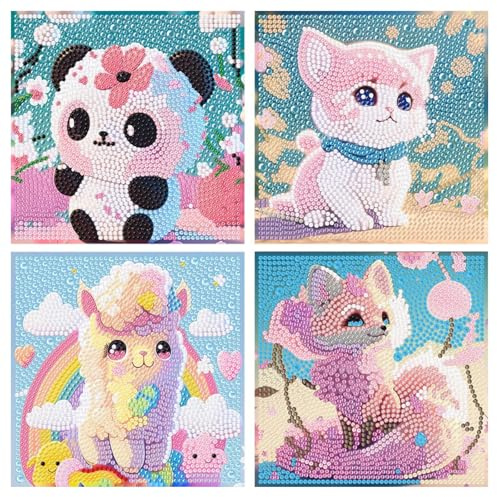 Rongxze 4 Piezas Diamond Painting Kit, DIY Completo Pintura Diamantes Animales, 5D Diamond Painting Niños Kit para Decoración De La Pared Del Hogar Niños y Adultos Principiantes Regalo (15x15cm)
