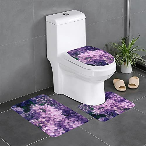 FLYIFE Badteppich-Set mit violetten Blumen, 3-teilig, Flanell, rutschfest, wasserabsorbierend, mit U-förmigem WC-Vorleger und WC-Deckelbezug