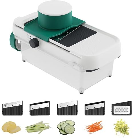 linoroso Cortador de alimentos ajustable 5 en 1, cortador de mandolina para cocina con contenedor, cortador de verduras, cortador de ondas para patatas, zanahorias, calabacines, molinillo para queso y