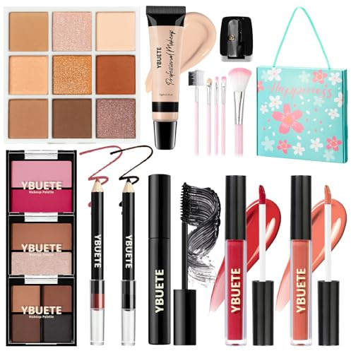 YBUETE Make-up Set für Teenager, Mädchen und Frauen - Tragbares Reise-Kosmetik-Set für Anfänger und Profis mit Foundation, Lidschatten-Palette, Lippenstift, Eyeliner und Mascara