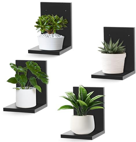 NIUBEST Small Wall Shelf,L-Shaped Small Floating Shelves for Plants Speaker Table Lamp Display,Wooden Ledges Indoor Modern Midcentury Decorative for Gallery Living Room Bedroom,Pine,4 Pack,(Black)