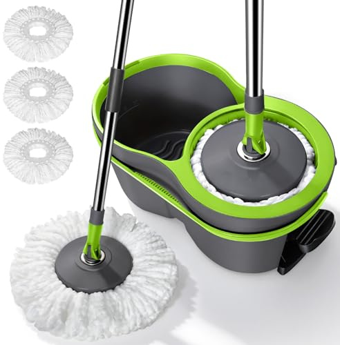 MASTERTOP Mopp- och hinkset, snurrmopp och hinkar med 3 återanvändbara dynor, 9,8 L handsfree mopphink med fotpedal och vridare, snurrande moppset för rengöring av golv – grå, 43 x 25 x 131 cm
