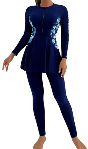 AGYMNX Muslimischen Bademode Damen Lange Ärmel Volle Abdeckung Muslim Badeanzug Zwei Stück Runder Hals Gedruckt Swimsuit Bademode Badehose Strandkleidung