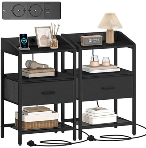 Hzuaneri Nachttisch 2er Set, Beistelltisch mit Steckdose | Nachttische mit 1 Stoffschublade und Offenes Fach, für Schlafzimmer, Wohnzimmer, 30 x 40 x 68 cm, Schwarz NS30304BEU