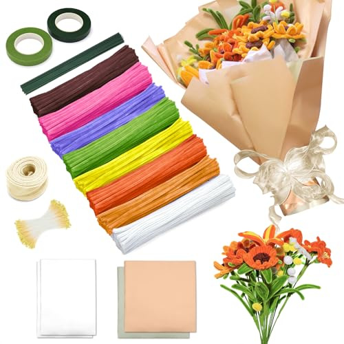 Pfeifenreiniger Set, 500 Stück 4 Farben Pfeifenreiniger Set zur Herstellung von Verschiedenfarbigen Pfeifenreiniger Sträußen, Blumenpapier, Bändern, Dochten, Stäben, kreativen Blumen DIY(Yellow)