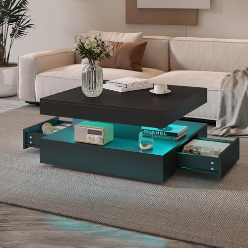 KEEPREAPER Couchtisch LED Wohnzimmertisch mit 2 Schubladen matt Schwarz | Kaffeetisch mit verdecktem Stauraum für Wohnzimmer 78 x 78 x 40cm