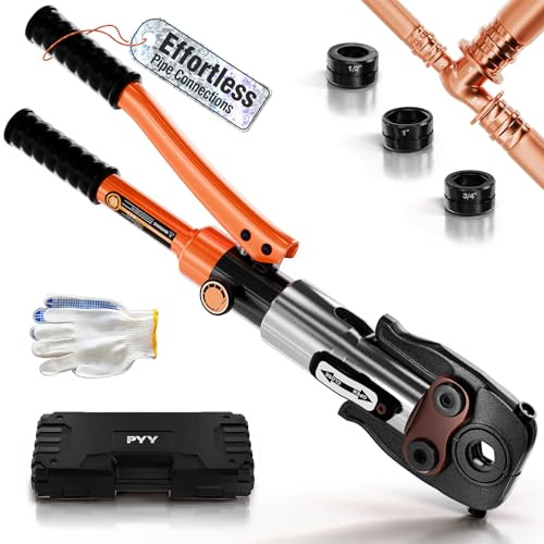 PYY Copper Pipe Crimping Tool - Hydraulic Copper Press Tool w/ 1/2, 3/4, 1 Dies for Copper Tube, Crimp Tool, Copper Pipe Press Tool for Tee Fitting, Narrow Space