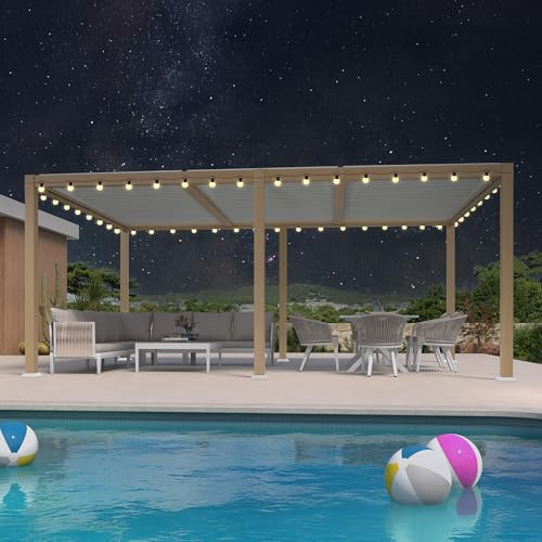 Pérgola bioclimática de aluminio de 3,5 x 5,5 m con iluminación LED, cenador de jardín impermeable con rejillas ajustables para terraza, patio y cochera, diseño de efecto madera