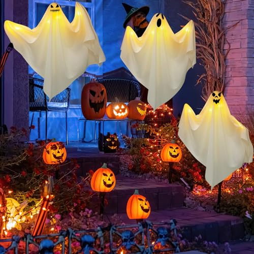 Hyunlai Halloween Deko Geister mit Licht, 3 Stück 70cm Halloween Hängende Geist, HalloweenWindsäcke Outdoor Deko, Gartendeko Geistergesicht für Innen Außen Vorgarten, Terrasse, Rasen, Partydekor