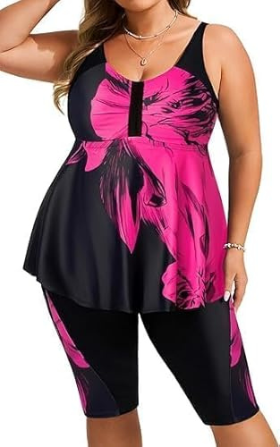 Hanna Nikole Tankini dam stor storlek mage way badmode push up tankini tvådelat set hög midja sommar baddräkter tankini topp med badshorts, Rosenröda blommor, 58 plus size