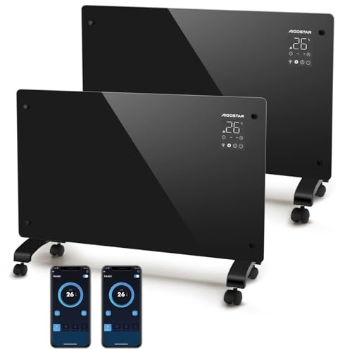 Aigostar Radiateur Electrique, 2000W, Convecteur Électrique à Panneau de Verre Ultra Fin, Connexion Wi-Fi, Minuterie 24h, 3 Modes, Écran Tactile Led. Programmable.2 unités