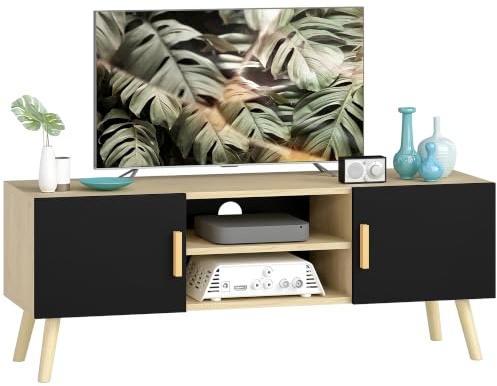 HOMCOM Meuble TV Jusqu'à 50 Pouces 2 Placards 110x36,2x42 cm Chêne Noir | Meuble Télé Bois, Banc TV, avec Étagères, Passe-Câbles, pour Salon, Chambre à Coucher