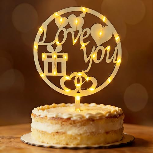 Seutgjie Cake Topper Hochzeitstag Tortendeko mit LED Lichterkette | Ich Liebe Dich Deko Holz Kuchen Deko Blumenstecker Heiratsantrag Verlobung Hochzeit